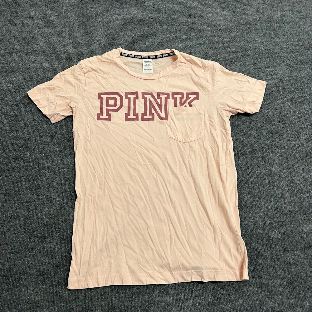 PINK T-Shirt Womens Size XS Peach Pink Cotton Graphic Logo Pocket Short Sleeve
